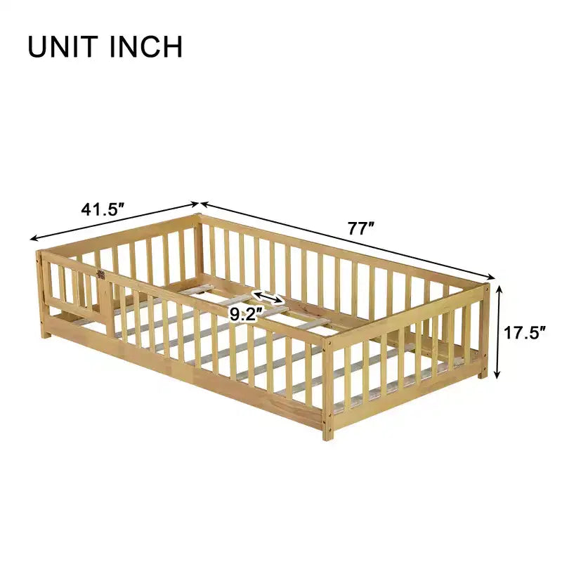 Lit au sol double Bellemave avec clôture et porte, cadre de lit Montessori bas pour enfants, bois d'hévéa massif, barrières de sécurité, assemblage facile