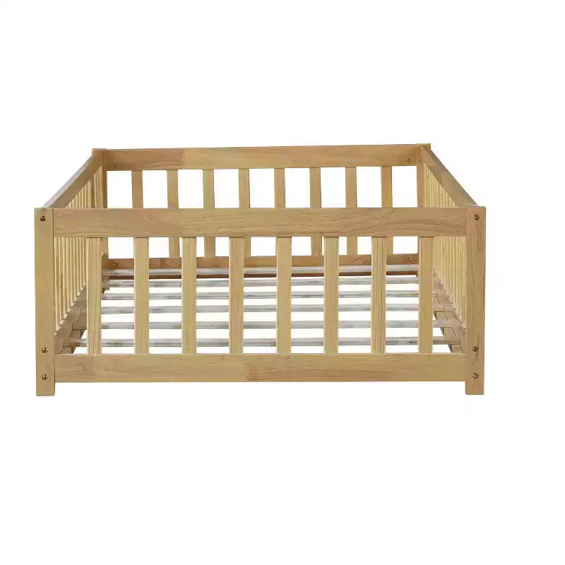 Lit au sol double Bellemave avec clôture et porte, cadre de lit Montessori bas pour enfants, bois d'hévéa massif, barrières de sécurité, assemblage facile