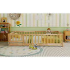 Lit au sol double Bellemave avec clôture et porte, cadre de lit Montessori bas pour enfants, bois d'hévéa massif, barrières de sécurité, assemblage facile