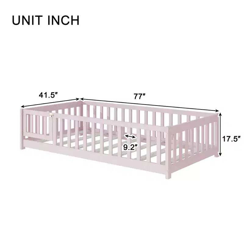 Lit au sol double Bellemave avec clôture et porte, cadre de lit Montessori bas pour enfants, bois d'hévéa massif, barrières de sécurité, assemblage facile
