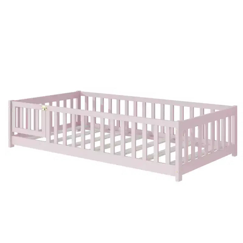 Lit au sol double Bellemave avec clôture et porte, cadre de lit Montessori bas pour enfants, bois d'hévéa massif, barrières de sécurité, assemblage facile