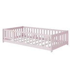 Lit au sol double Bellemave avec clôture et porte, cadre de lit Montessori bas pour enfants, bois d'hévéa massif, barrières de sécurité, assemblage facile