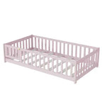 Lit au sol double Bellemave avec clôture et porte, cadre de lit Montessori bas pour enfants, bois d'hévéa massif, barrières de sécurité, assemblage facile