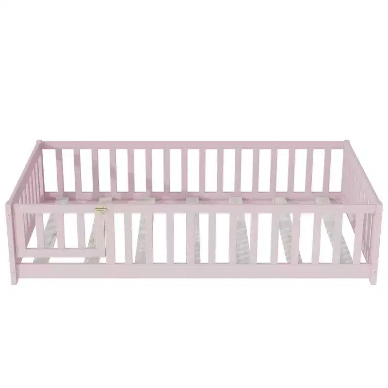 Lit au sol double Bellemave avec clôture et porte, cadre de lit Montessori bas pour enfants, bois d'hévéa massif, barrières de sécurité, assemblage facile