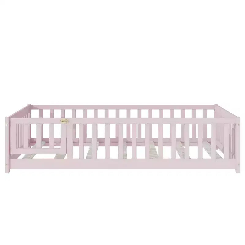 Lit au sol double Bellemave avec clôture et porte, cadre de lit Montessori bas pour enfants, bois d'hévéa massif, barrières de sécurité, assemblage facile