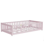 Lit au sol double Bellemave avec clôture et porte, cadre de lit Montessori bas pour enfants, bois d'hévéa massif, barrières de sécurité, assemblage facile