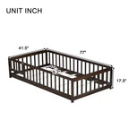 Lit au sol double Bellemave avec clôture et porte, cadre de lit Montessori bas pour enfants, bois d'hévéa massif, barrières de sécurité, assemblage facile