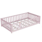 Lit au sol double Bellemave avec clôture et porte, cadre de lit Montessori bas pour enfants, bois d'hévéa massif, barrières de sécurité, assemblage facile
