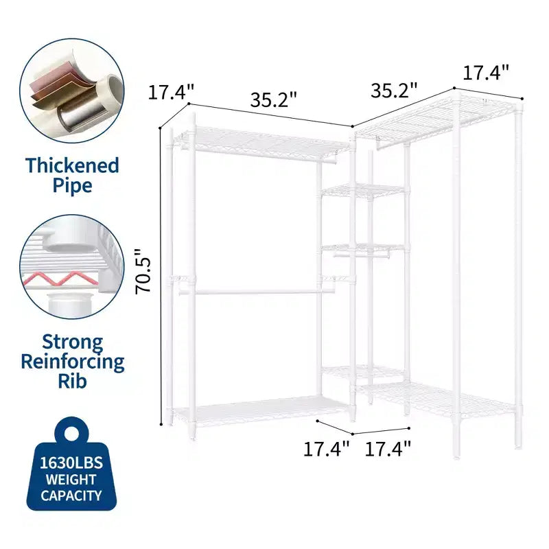 Portant à vêtements robuste en forme de L, 4 tringles, capacité de 739 kg, organisateur de placard portable et autoportant
