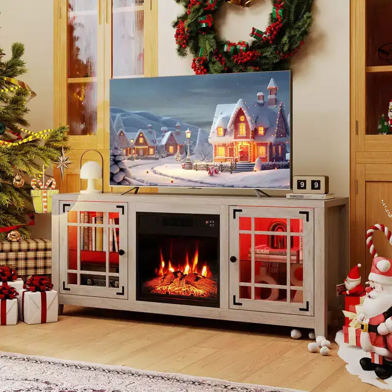 Meuble TV Costway 58" avec cheminée électrique et lumières LED et foyer électrique 18", télécommandes Marron Rustique/Gris Clair/Noir