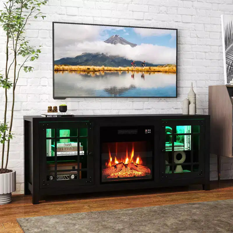 Meuble TV Costway 58" avec cheminée électrique et lumières LED et foyer électrique 18", télécommandes Marron Rustique/Gris Clair/Noir