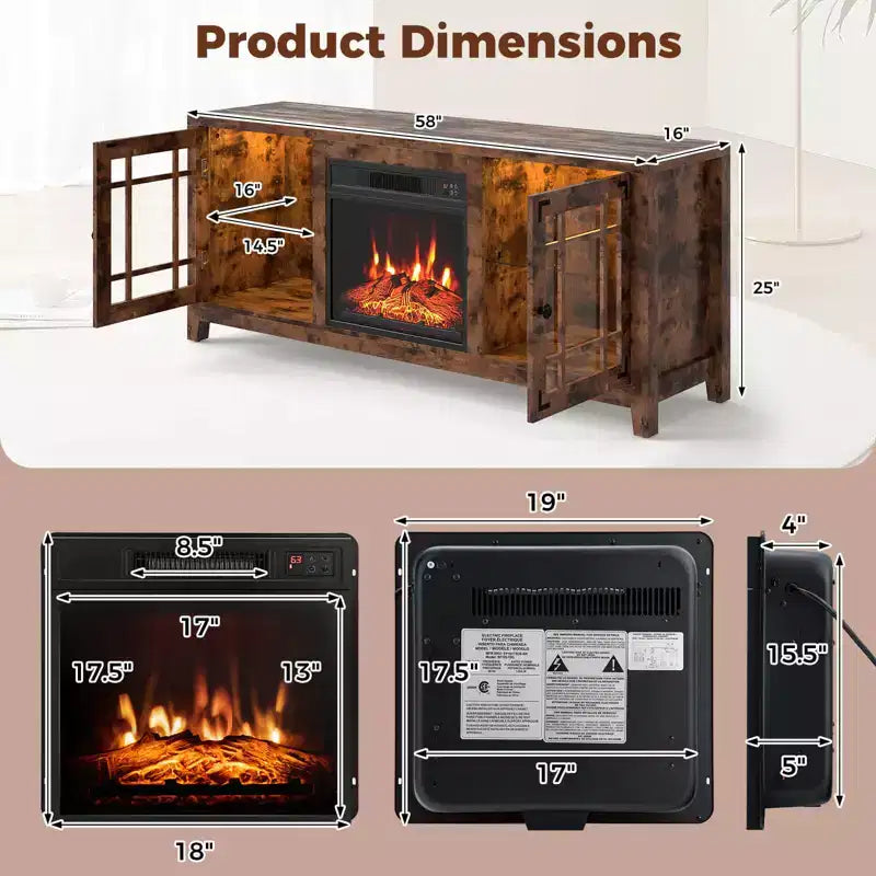 Meuble TV Costway 58" avec cheminée électrique et lumières LED et foyer électrique 18", télécommandes Marron Rustique/Gris Clair/Noir