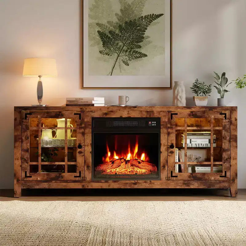 Meuble TV Costway 58" avec cheminée électrique et lumières LED et foyer électrique 18", télécommandes Marron Rustique/Gris Clair/Noir