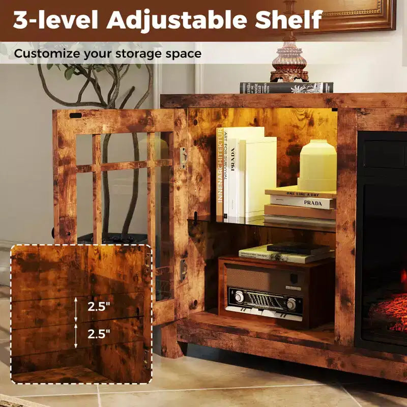 Meuble TV Costway 58" avec cheminée électrique et lumières LED et foyer électrique 18", télécommandes Marron Rustique/Gris Clair/Noir