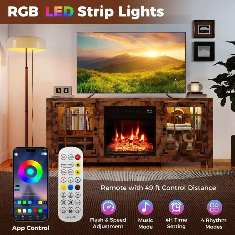 Meuble TV Costway 58" avec cheminée électrique et lumières LED et foyer électrique 18", télécommandes Marron Rustique/Gris Clair/Noir
