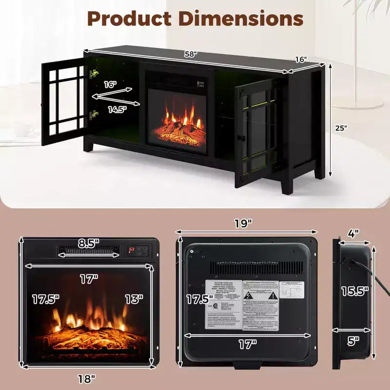 Meuble TV Costway 58" avec cheminée électrique et lumières LED et foyer électrique 18", télécommandes Marron Rustique/Gris Clair/Noir