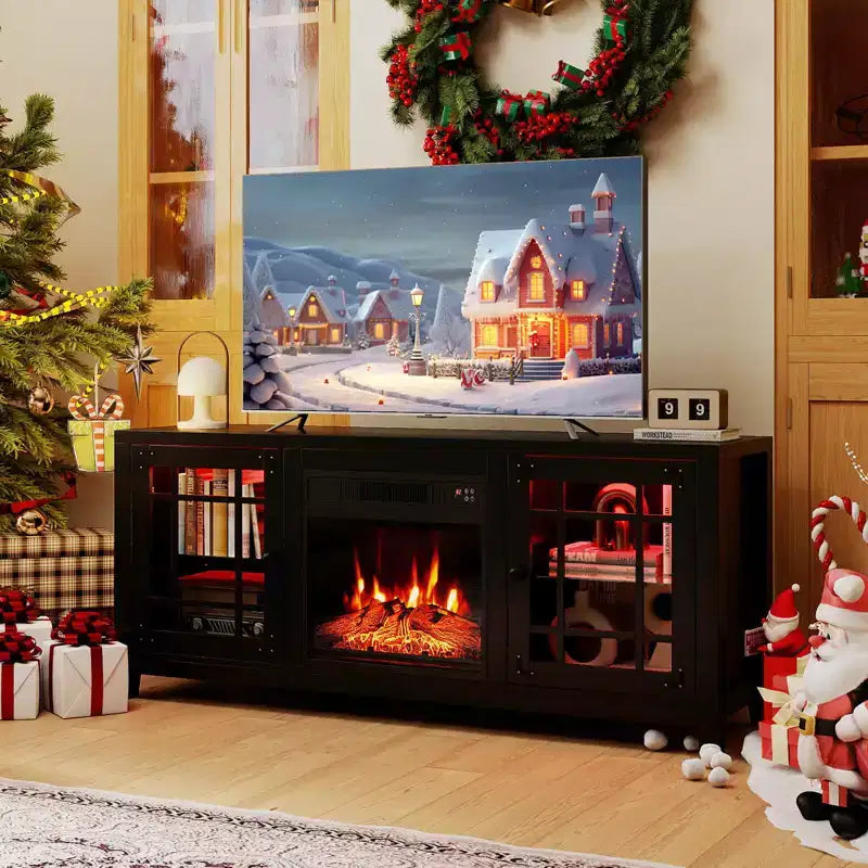 Meuble TV Costway 58" avec cheminée électrique et lumières LED et foyer électrique 18", télécommandes Marron Rustique/Gris Clair/Noir