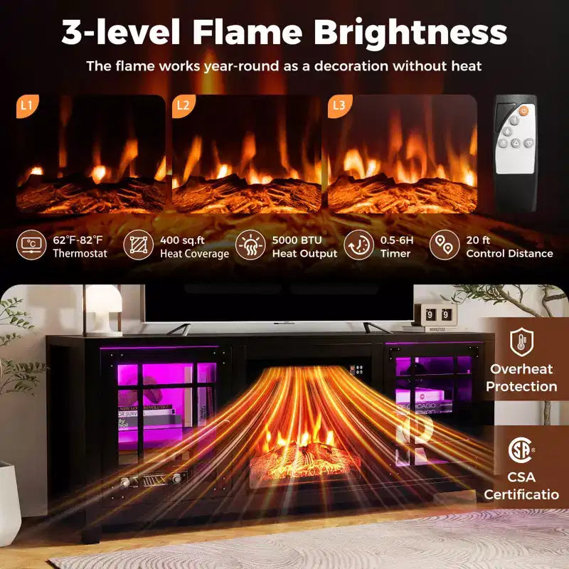 Meuble TV Costway 58" avec cheminée électrique et lumières LED et foyer électrique 18", télécommandes Marron Rustique/Gris Clair/Noir