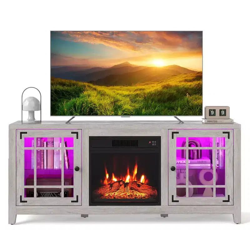 Meuble TV Costway 58" avec cheminée électrique et lumières LED et foyer électrique 18", télécommandes Marron Rustique/Gris Clair/Noir