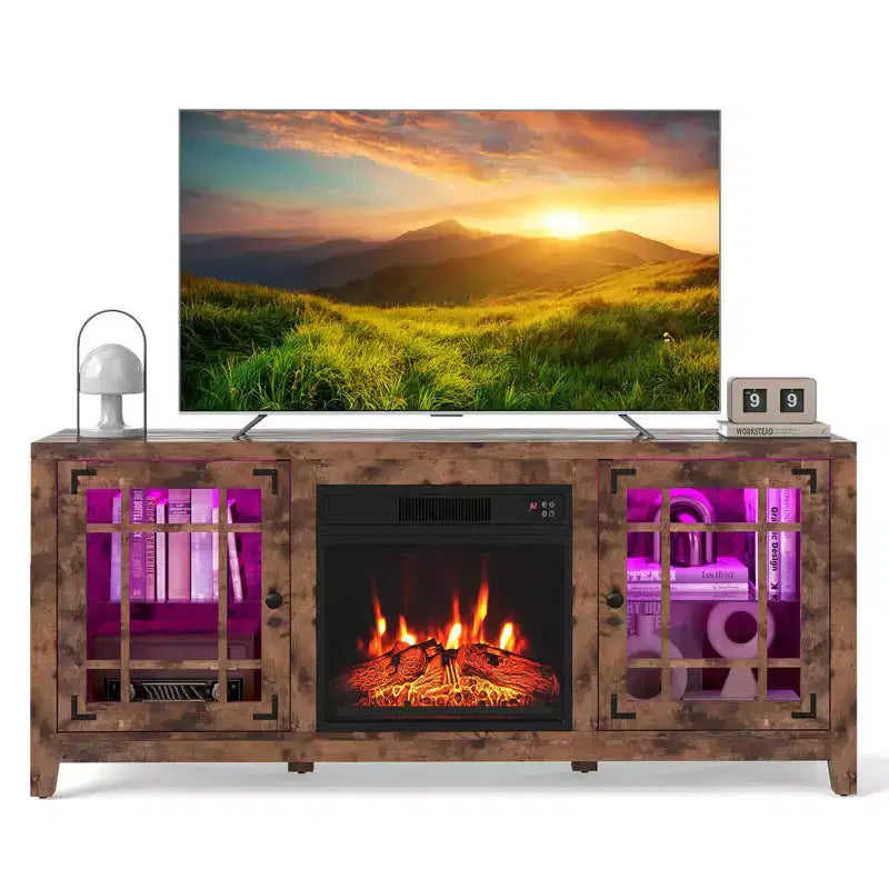 Meuble TV Costway 58" avec cheminée électrique et lumières LED et foyer électrique 18", télécommandes Marron Rustique/Gris Clair/Noir