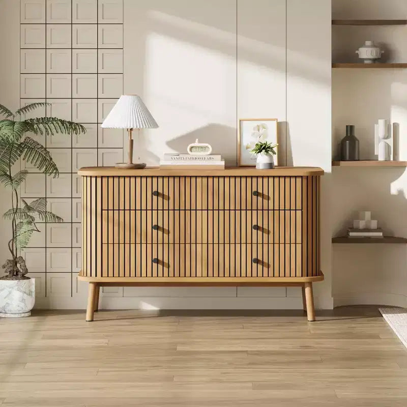 COZONY Commode double 6 tiroirs style bohème avec poignées noires, Meuble de rangement en bois naturel pour chambre, salon et couloir