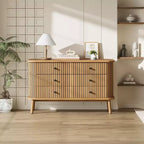 COZONY Commode double 6 tiroirs style bohème avec poignées noires, Meuble de rangement en bois naturel pour chambre, salon et couloir