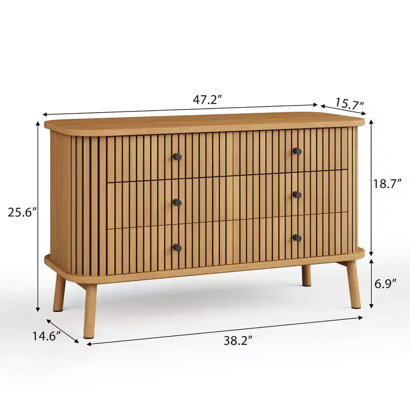 COZONY Commode double 6 tiroirs style bohème avec poignées noires, Meuble de rangement en bois naturel pour chambre, salon et couloir