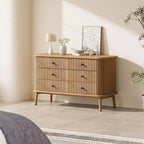 COZONY Commode double 6 tiroirs style bohème avec poignées noires, Meuble de rangement en bois naturel pour chambre, salon et couloir