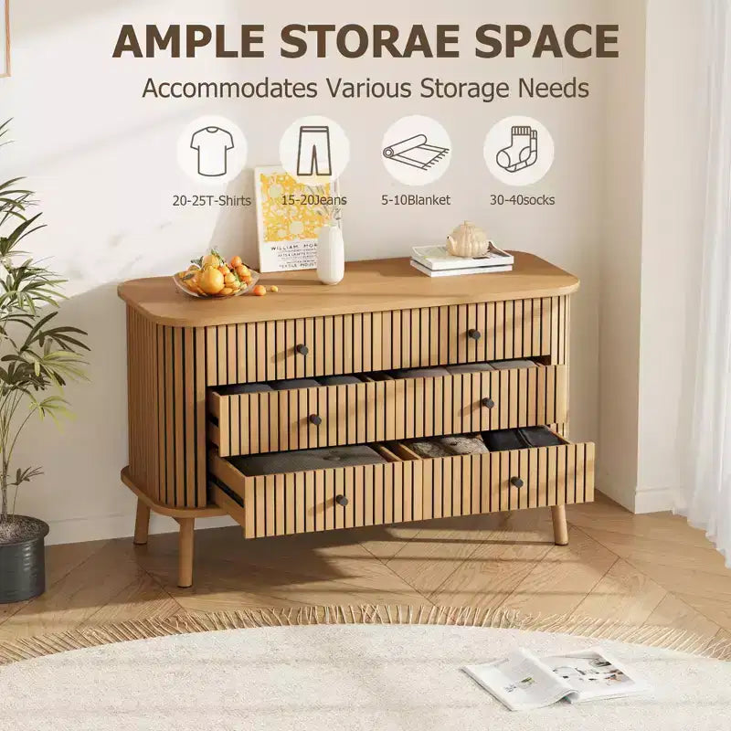 COZONY Commode double 6 tiroirs style bohème avec poignées noires, Meuble de rangement en bois naturel pour chambre, salon et couloir