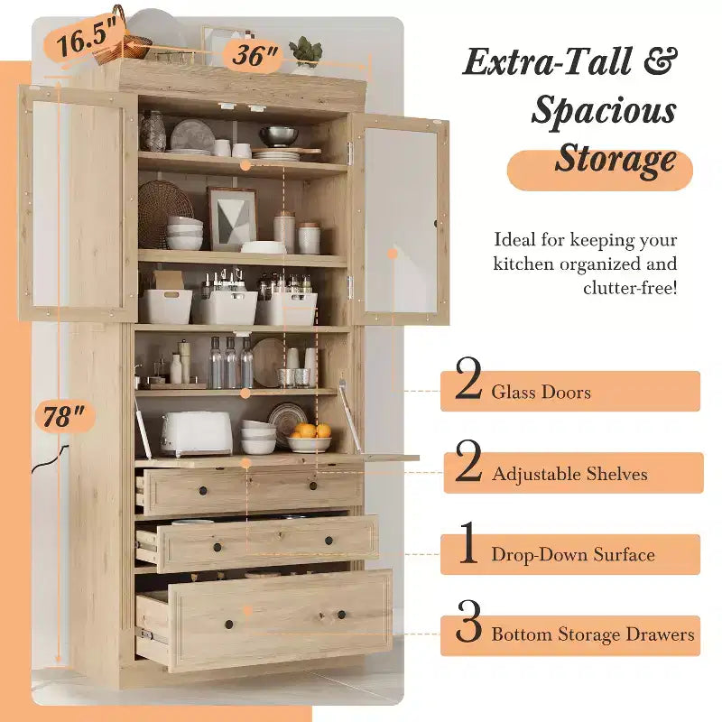 Armoire de rangement de cuisine GDFStudio Waylon avec prise de courant, 3 tiroirs et étagères réglables