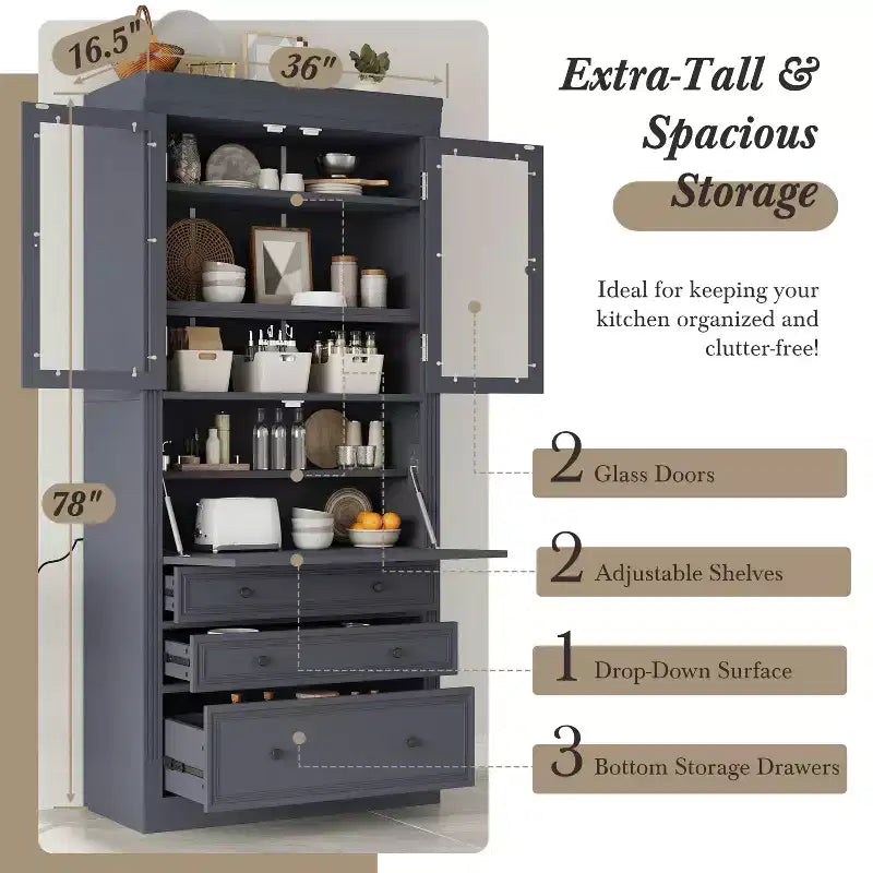 Armoire de rangement de cuisine GDFStudio Waylon avec prise de courant, 3 tiroirs et étagères réglables