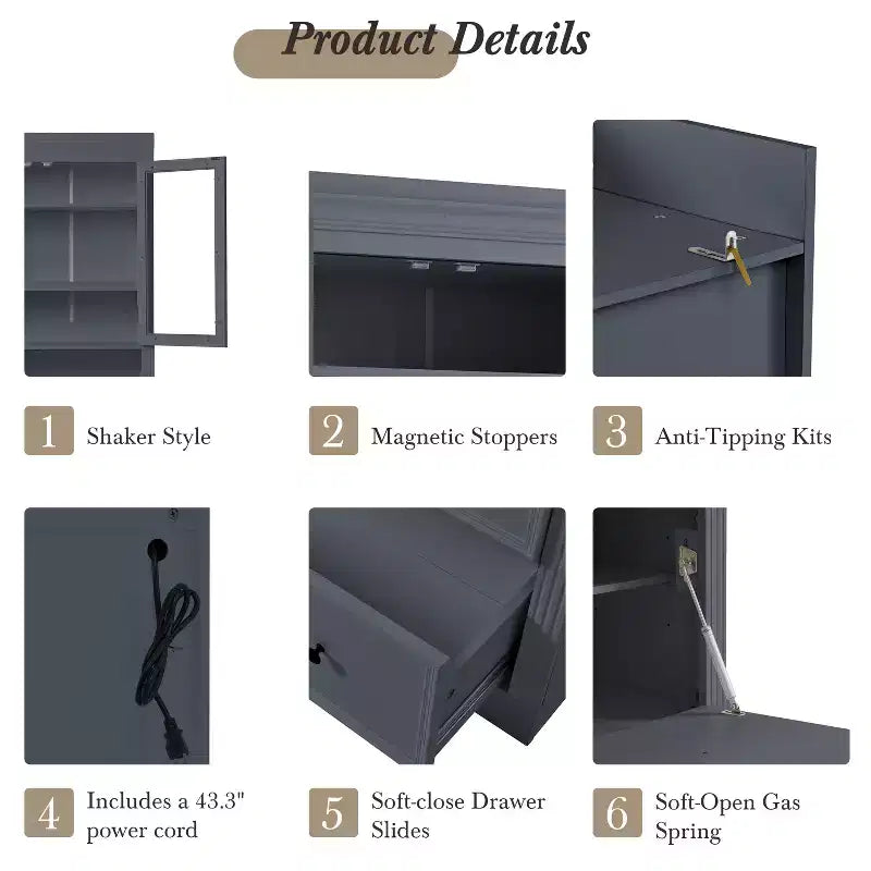 Armoire de rangement de cuisine GDFStudio Waylon avec prise de courant, 3 tiroirs et étagères réglables