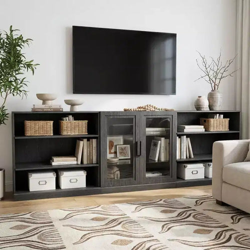 93 meubles de rangement multimédia combinés en grain de bois noir avec étagères réglables et 2 portes vitrées pour salon et chambre