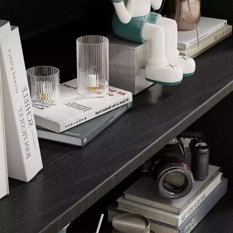 93 meubles de rangement multimédia combinés en grain de bois noir avec étagères réglables et 2 portes vitrées pour salon et chambre