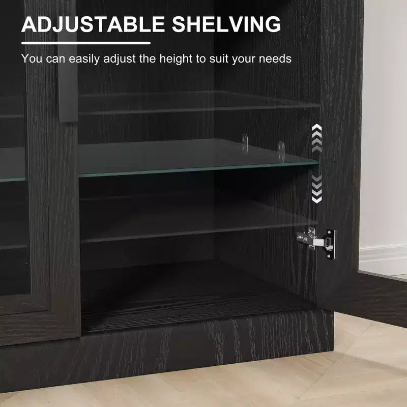 93 meubles de rangement multimédia combinés en grain de bois noir avec étagères réglables et 2 portes vitrées pour salon et chambre