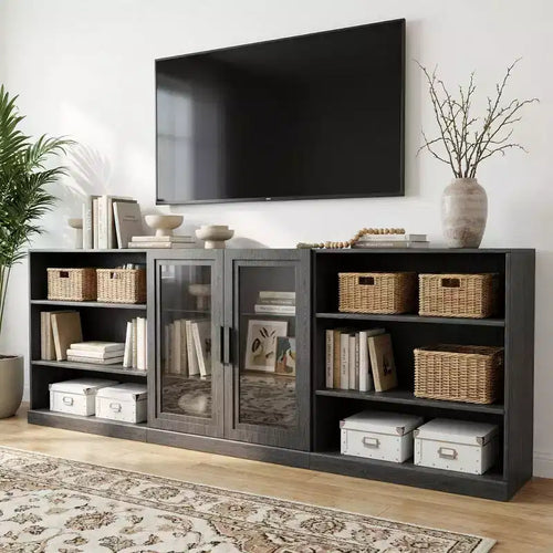 93 Black Wood-Grain Combination Media Storage Cabinets with Adjustable Shelves and 2 Glass Doors for Living Room Bedroom