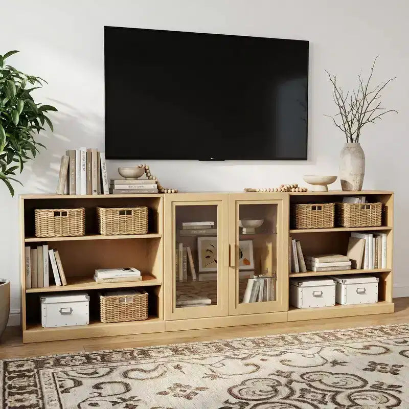 93 meubles de rangement multimédia combinés en grain de bois noir avec étagères réglables et 2 portes vitrées pour salon et chambre