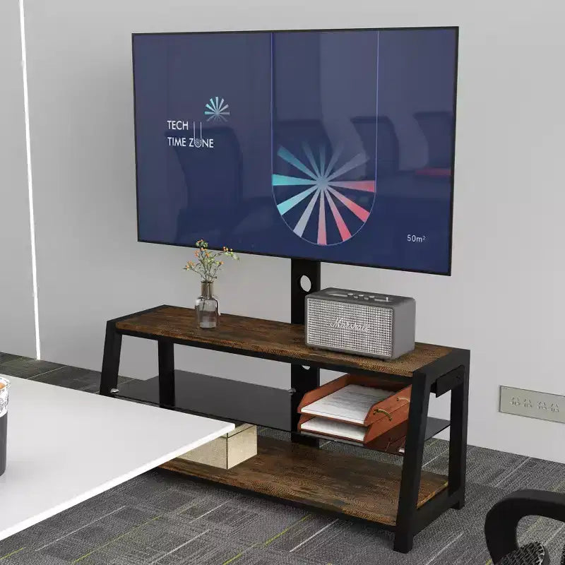 Meuble TV de rangement en bois JVNOXK, verre trempé noir, support TV rotatif universel réglable en hauteur, Marron rustique