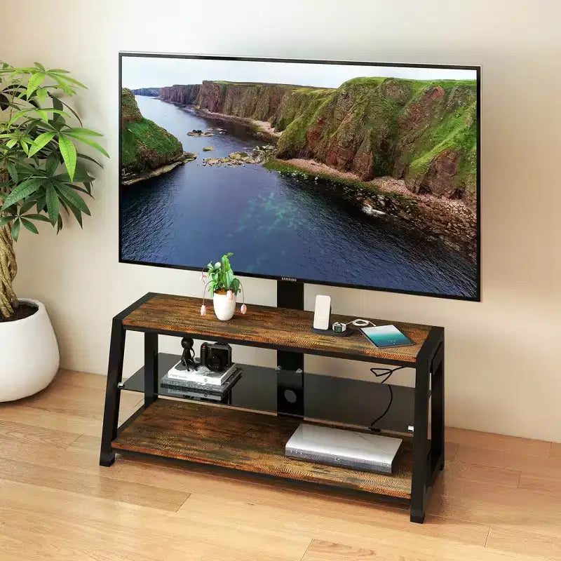 Meuble TV de rangement en bois JVNOXK, verre trempé noir, support TV rotatif universel réglable en hauteur, Marron rustique