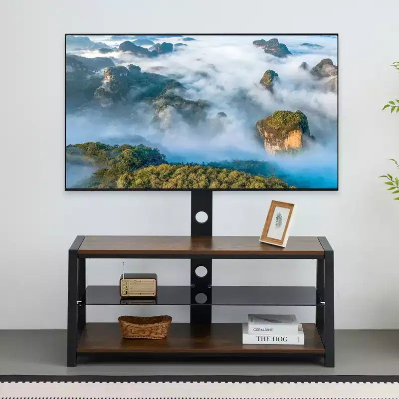 Meuble TV de rangement en bois JVNOXK, verre trempé noir, support TV rotatif universel réglable en hauteur, Marron rustique