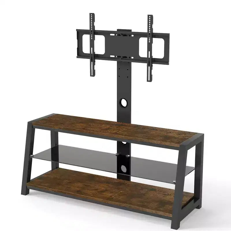 Meuble TV de rangement en bois JVNOXK, verre trempé noir, support TV rotatif universel réglable en hauteur, Marron rustique