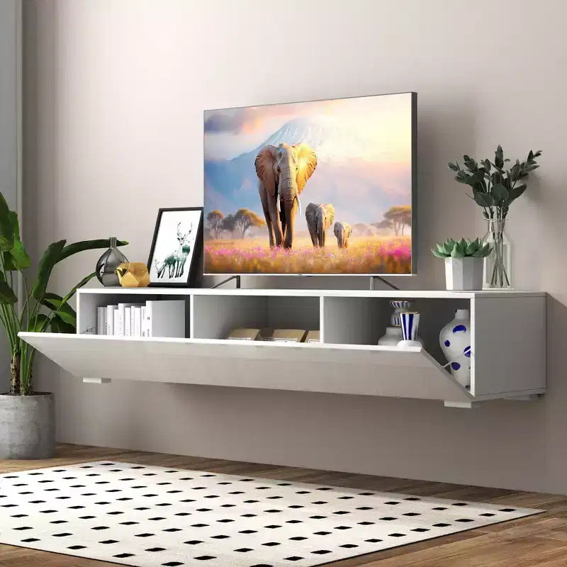 Meuble TV moderne JVNOXK de 160 cm avec portes abattantes, meuble média avec rangement, adapté au salon, blanc