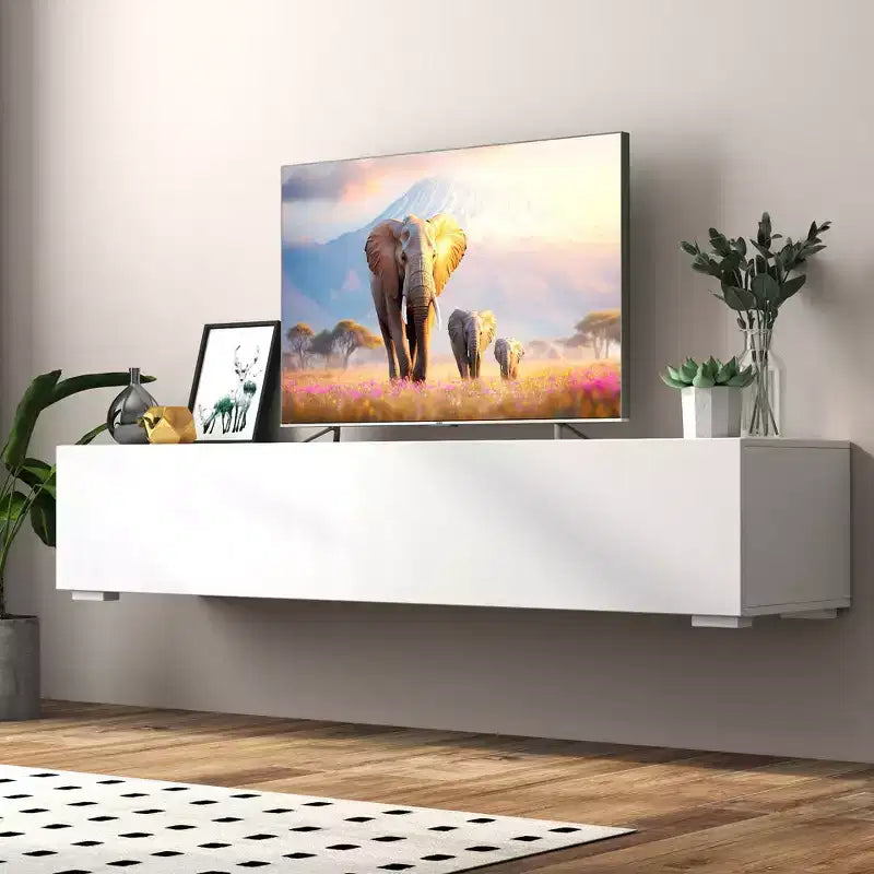 Meuble TV moderne JVNOXK de 160 cm avec portes abattantes, meuble média avec rangement, adapté au salon, blanc