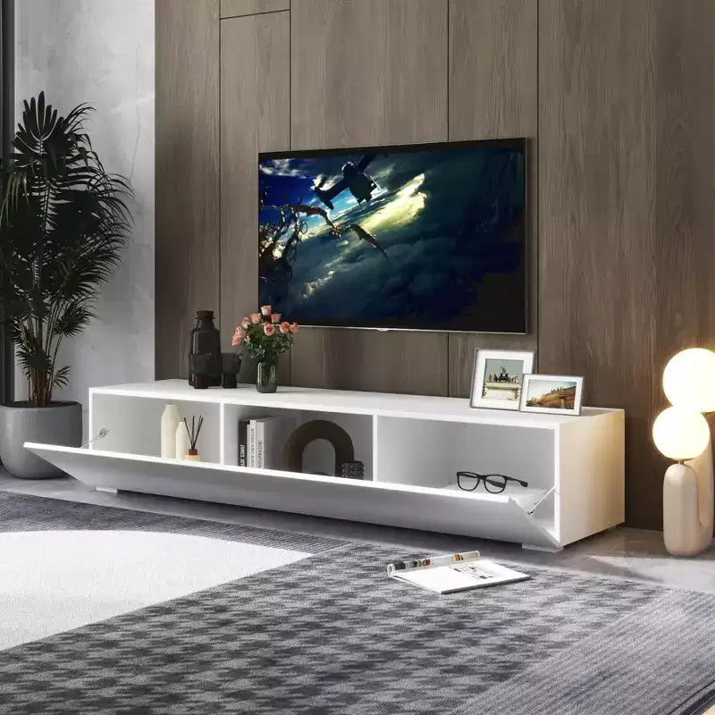 Meuble TV moderne JVNOXK de 160 cm avec portes abattantes, meuble média avec rangement, adapté au salon, blanc