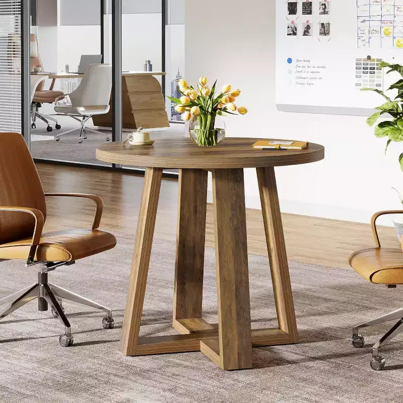 Table de conférence ronde Lantine de 31,5 pouces pour 2-4 personnes, petit bureau de réunion en bois avec base robuste pour petits espaces, rustique de ferme
