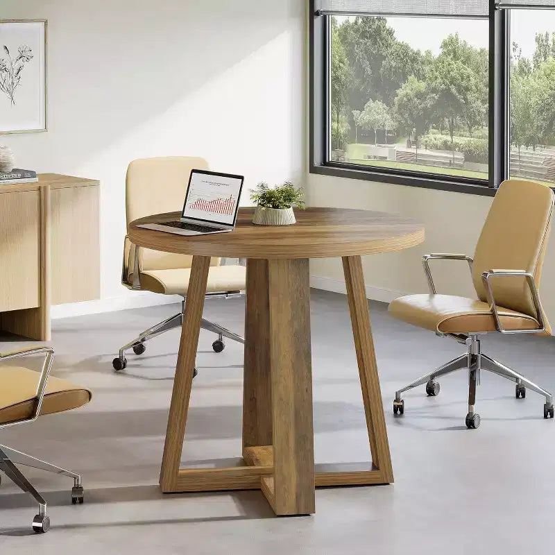 Table de conférence ronde Lantine de 31,5 pouces pour 2-4 personnes, petit bureau de réunion en bois avec base robuste pour petits espaces, rustique de ferme
