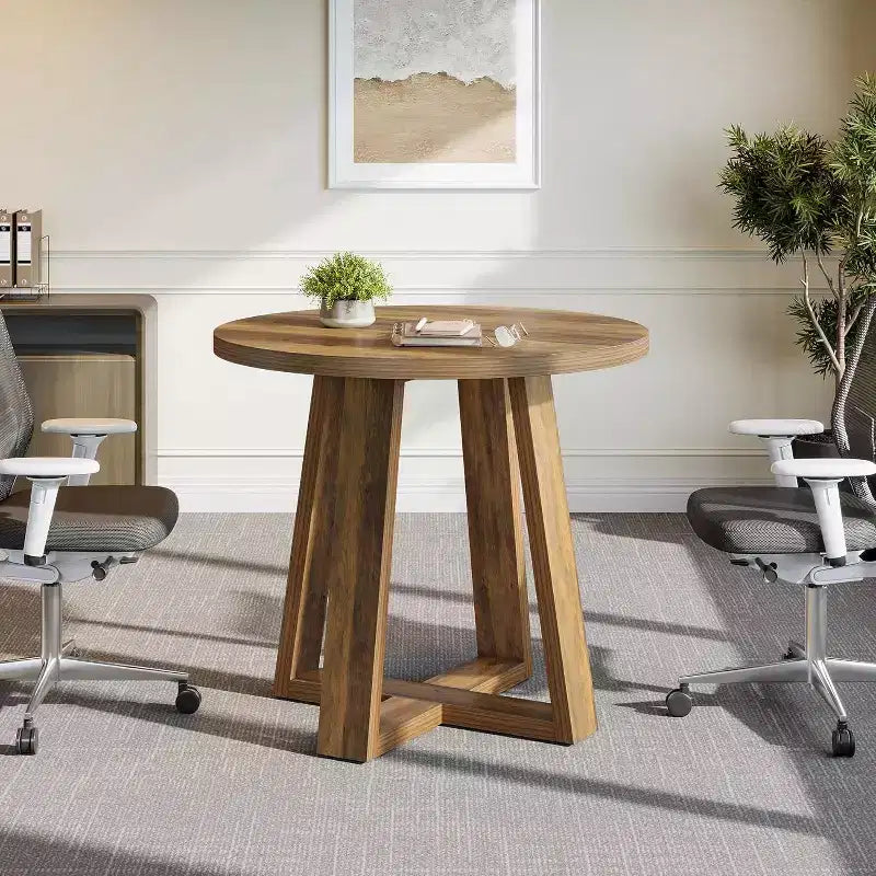 Table de conférence ronde Lantine de 31,5 pouces pour 2-4 personnes, petit bureau de réunion en bois avec base robuste pour petits espaces, rustique de ferme