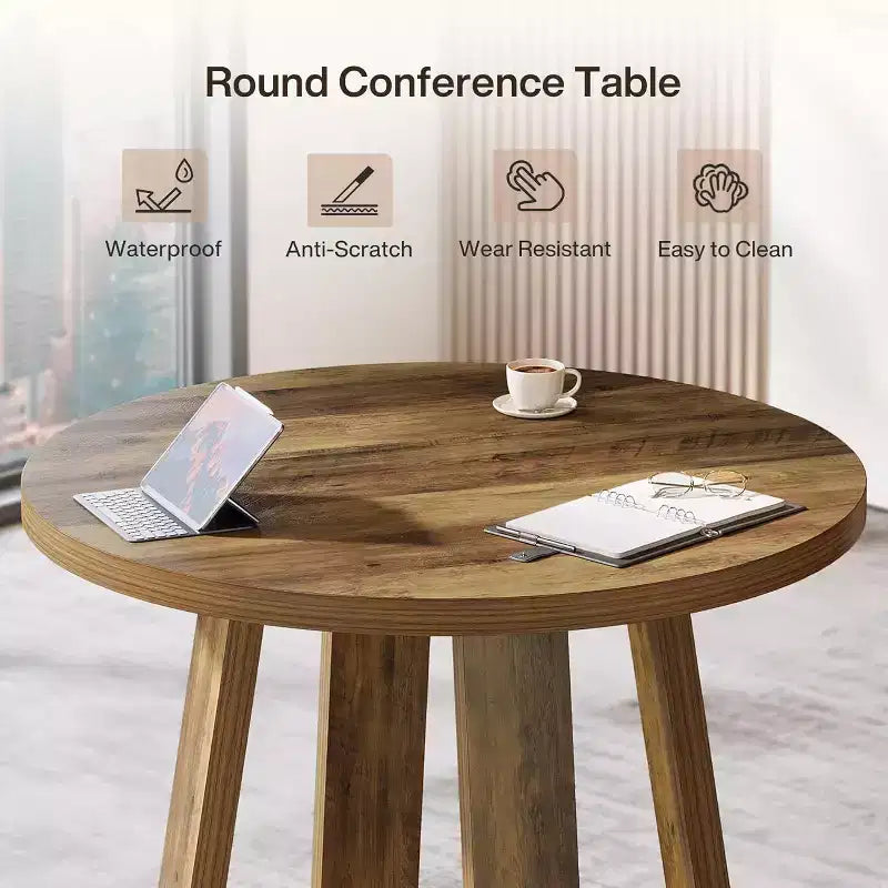 Table de conférence ronde Lantine de 31,5 pouces pour 2-4 personnes, petit bureau de réunion en bois avec base robuste pour petits espaces, rustique de ferme