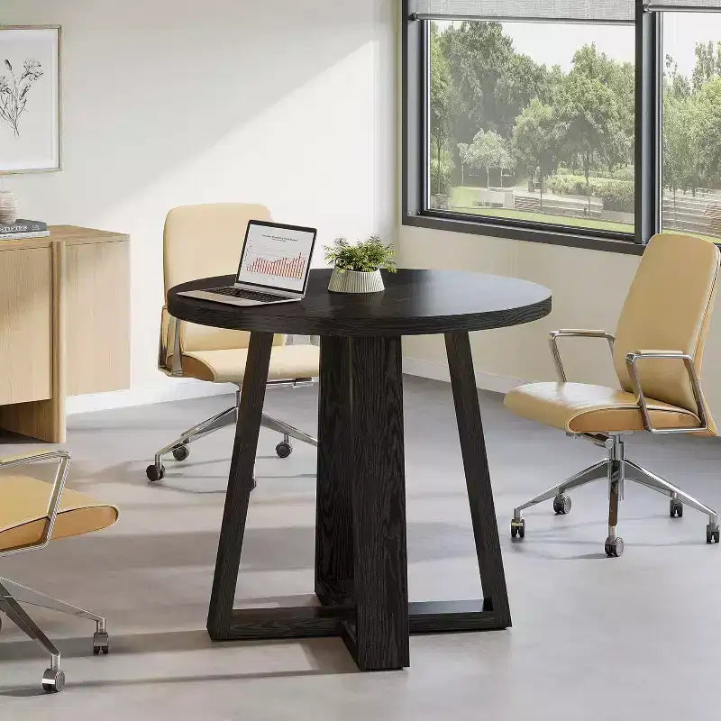 Table de conférence ronde Lantine de 31,5 pouces pour 2-4 personnes, petit bureau de réunion en bois avec base robuste pour petits espaces, rustique de ferme