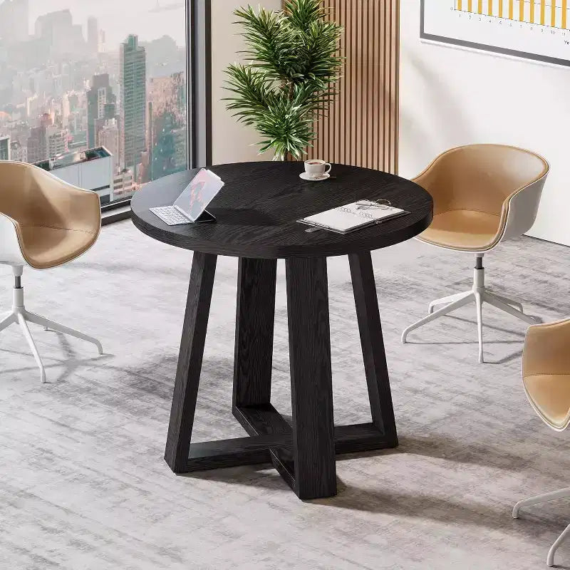 Table de conférence ronde Lantine de 31,5 pouces pour 2-4 personnes, petit bureau de réunion en bois avec base robuste pour petits espaces, rustique de ferme